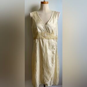 April Cornell Cream Crinkle Satin Sleeveless Midi Dress Sequin Embroidery Large